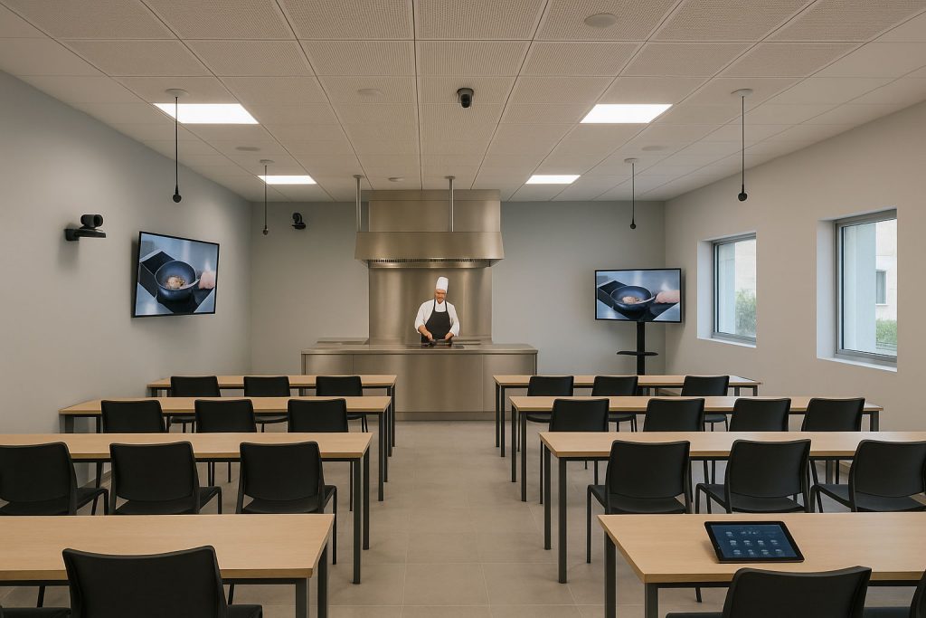 Aula de formación híbrida moderna equipada con tecnología audiovisual profesional y pantallas interactivas
