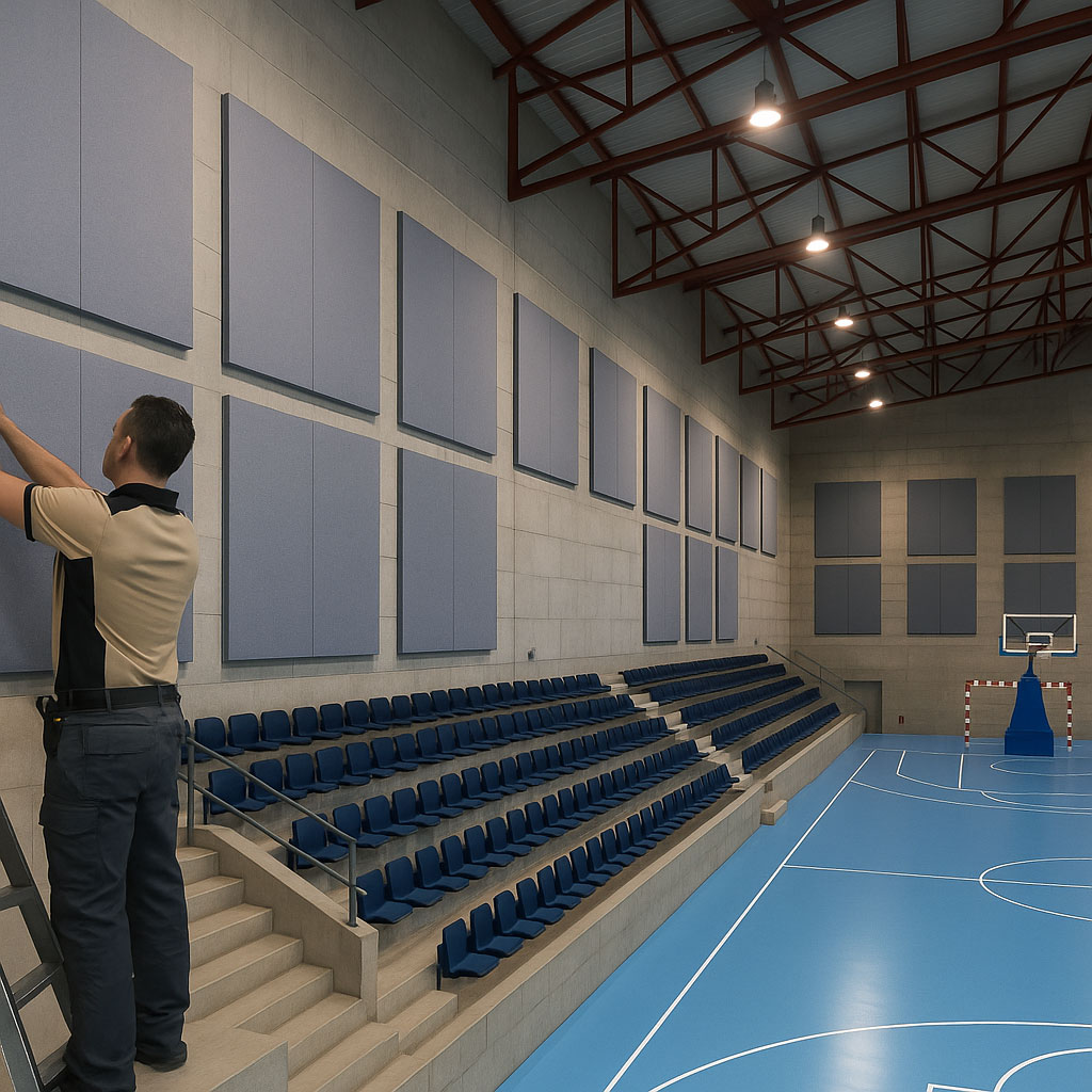 Técnico SONIMALAGA mejorando la acústica en sala audiovisual con paneles fonoabsorbentes