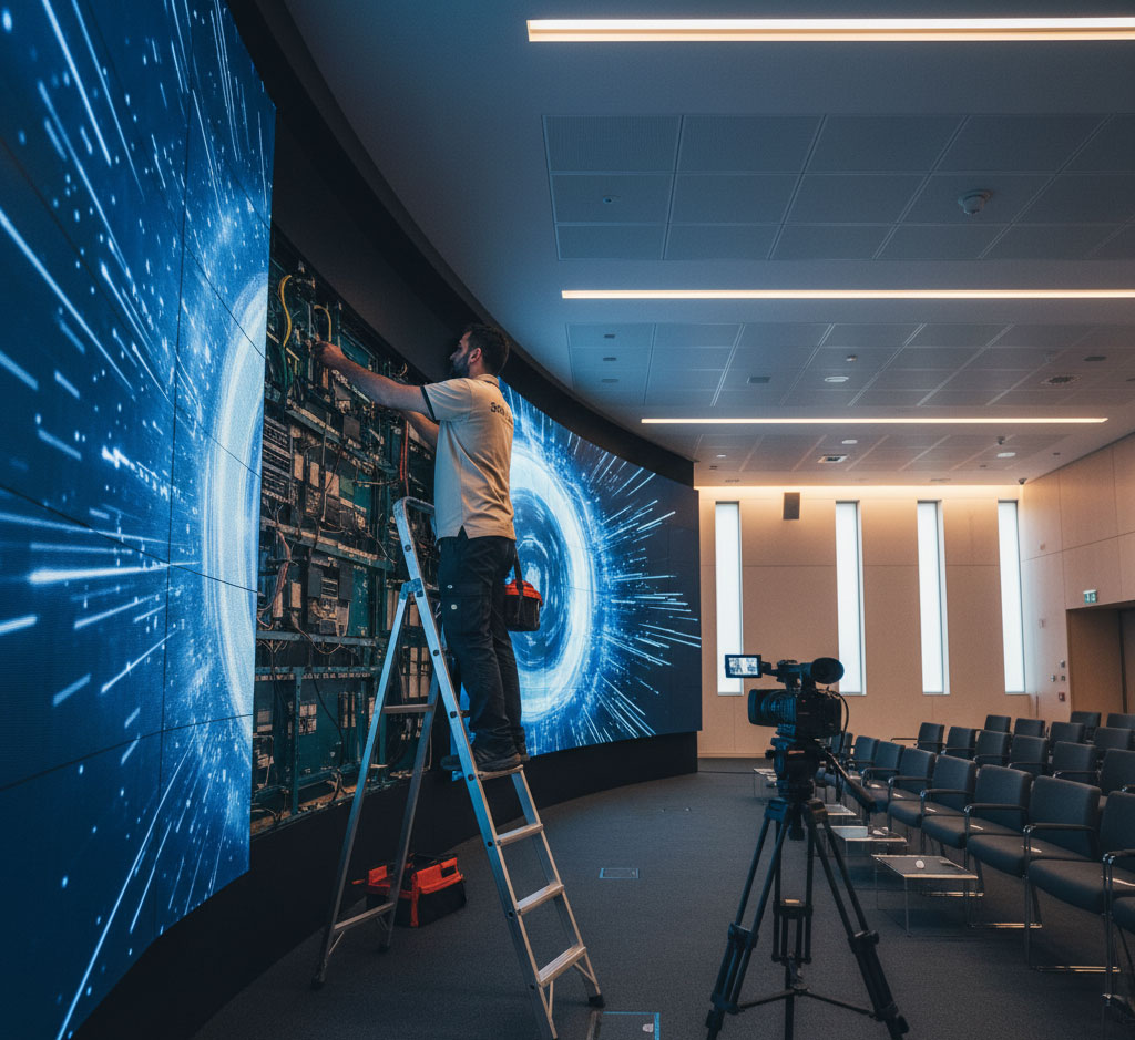 técnico audiovisual realizando mantenimiento preventivo AV