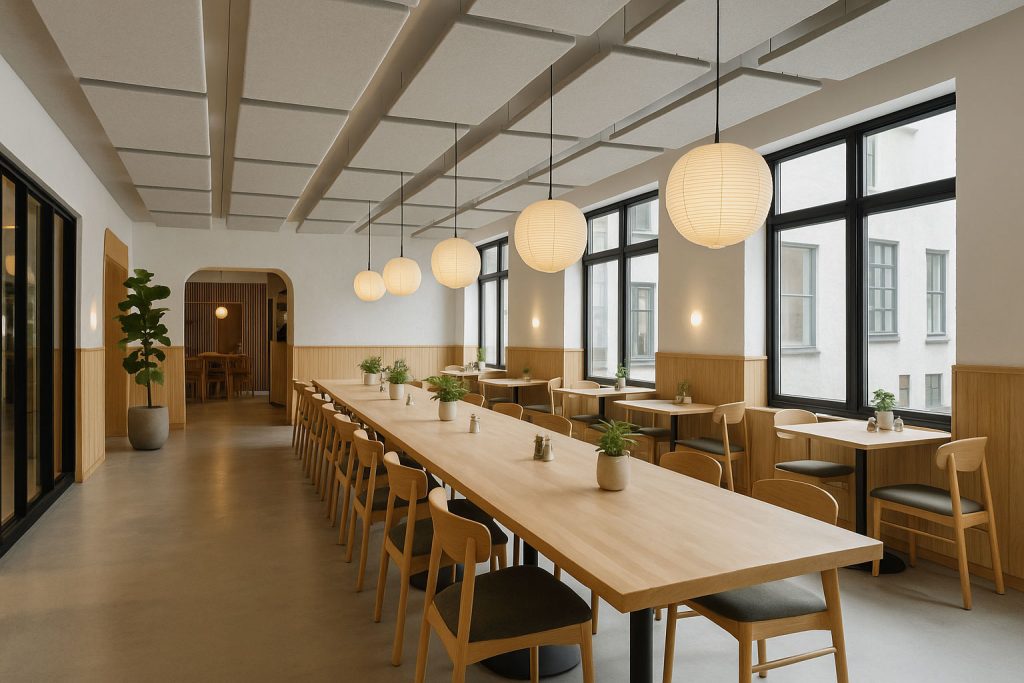 Acondicionamiento acústico en restaurante de estilo nórdico con paneles acusticos