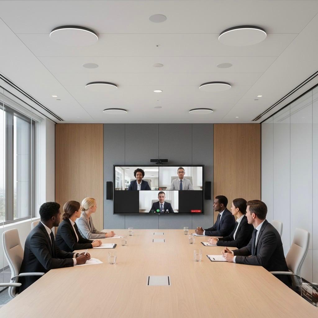 Sala de reuniones corporativa con sistema audiovisual intuitivo y videoconferencia integrada