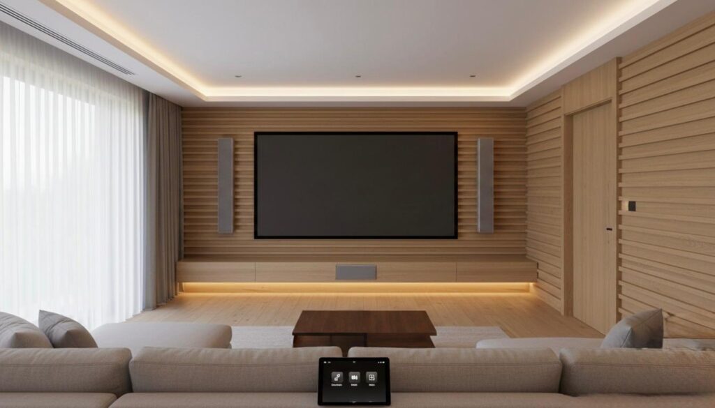 Home cinema con sistema audiovisual integrado en diseño interior residencial