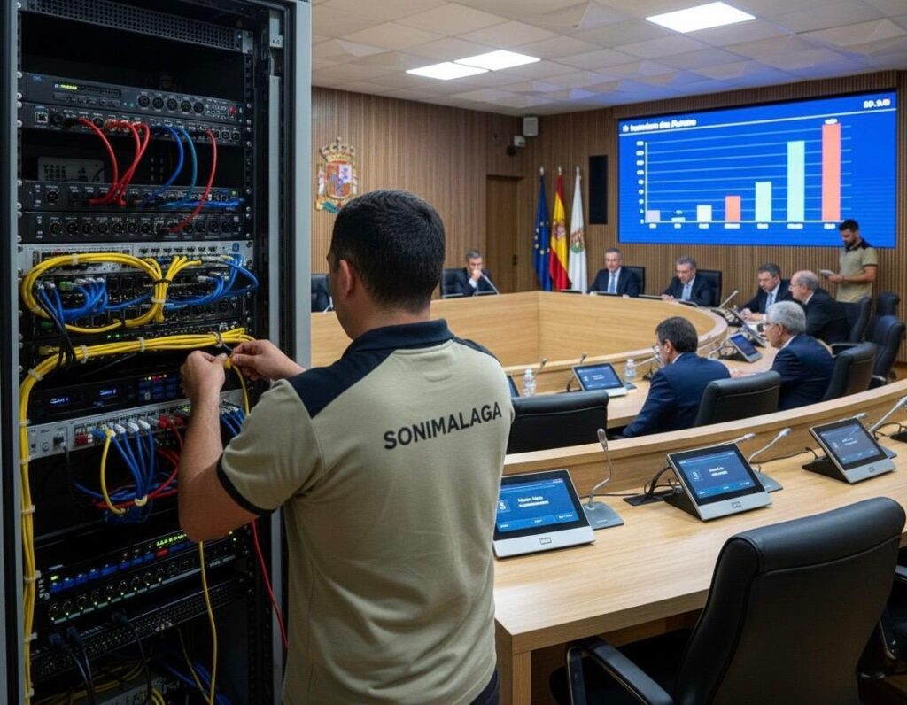 Técnico de SONIMALAGA configurando el sistema de votación electrónica en una sala de plenos institucional