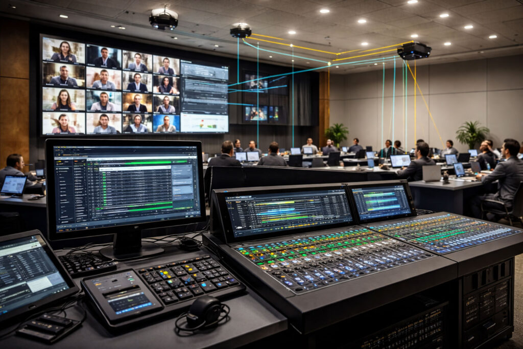 Rack técnico de audio sobre IP con red Dante en una instalación audiovisual profesional