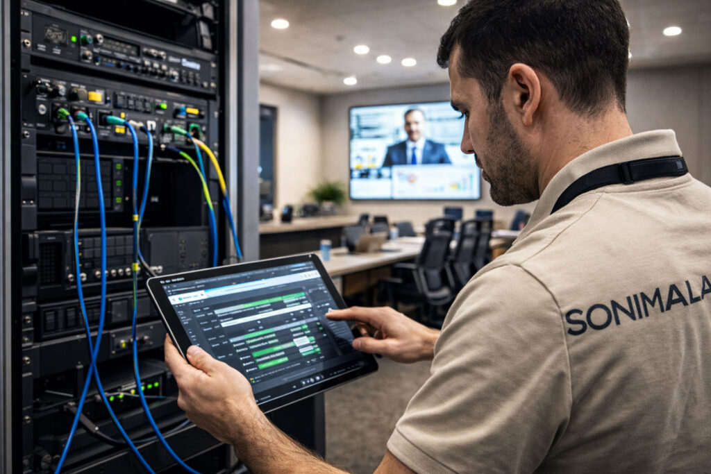 Técnico de SONIMALAGA configurando un sistema de audio sobre IP Dante en un entorno empresarial