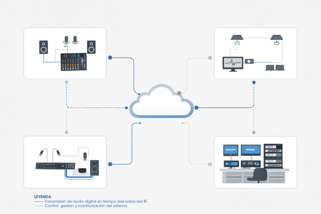 Diagrama de arquitectura de audio sobre IP basado en red Ethernet para integración audiovisual profesional