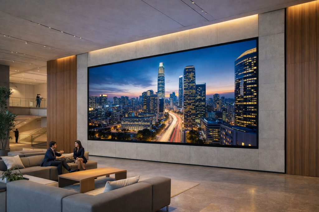 pantalla LED de gran formato en recepcion hotel