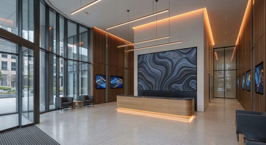 Lobby corporativo con branding espacial y cartelería digital integrada en el diseño arquitectónico