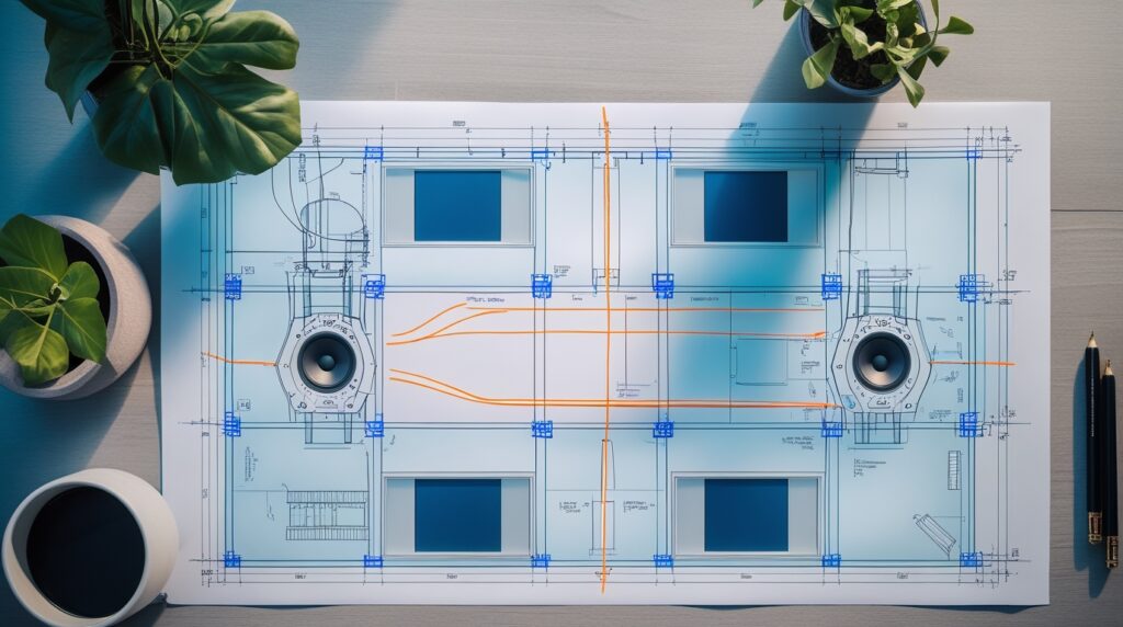 Planos de proyecto arquitectónico con especificaciones de integración audiovisual en sala corporativa
