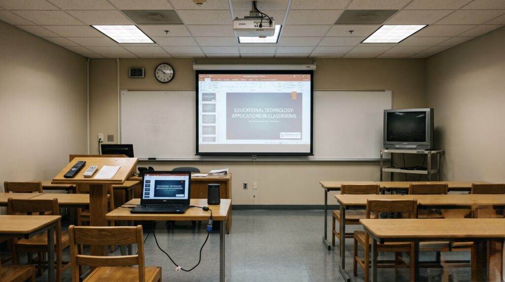 Aula con equipamiento audiovisual descoordinado: proyector antiguo, altavoz portátil y cables sueltos sobre la mesa del profesor