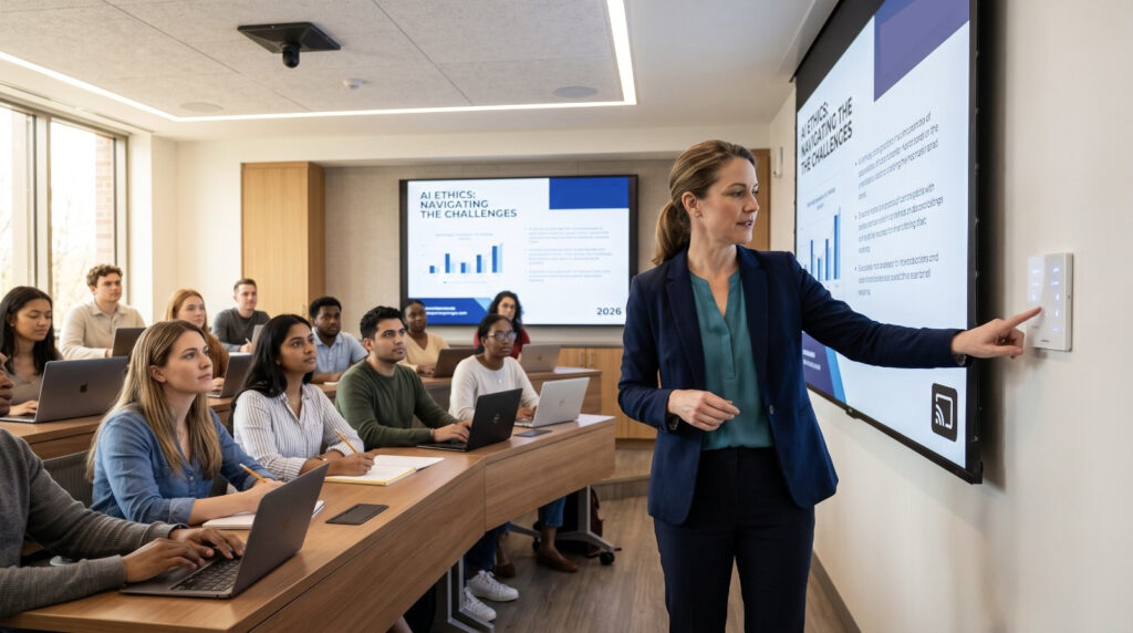 Profesora activando el sistema audiovisual del aula con un panel de control de pared, pantalla interactiva y sonido integrado