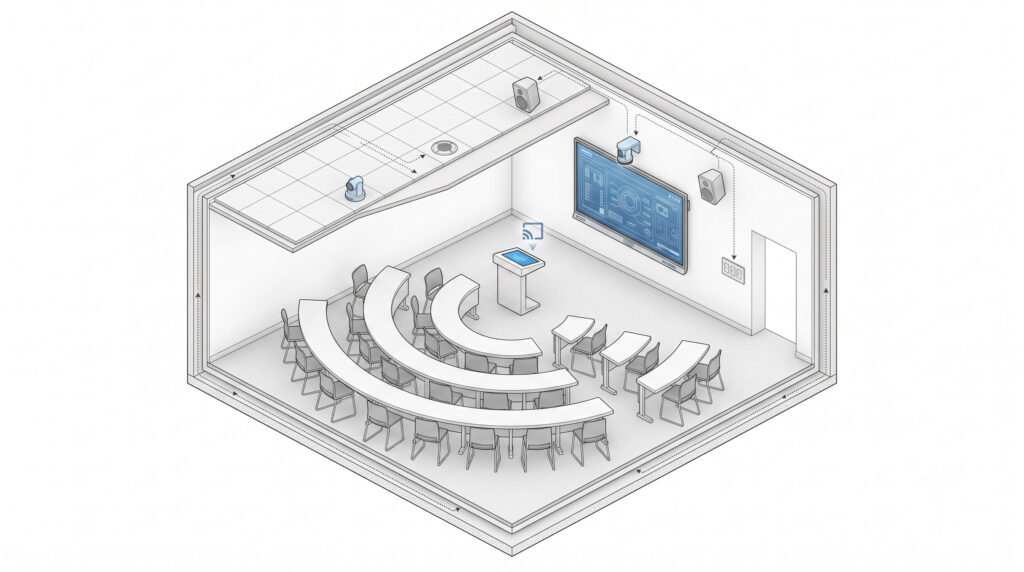 Diagrama isométrico de un aula equipada con tecnología audiovisual profesional: pantalla interactiva, altavoces de techo, cámara de seguimiento, micrófono de techo, atril con conectividad inalámbrica y panel de control de pared