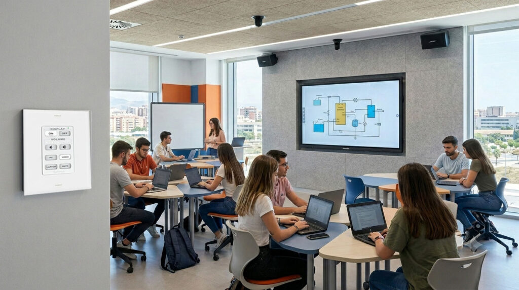 Aula moderna equipada con tecnología audiovisual profesional, pantalla interactiva y sistema de sonido integrado en centro educativo