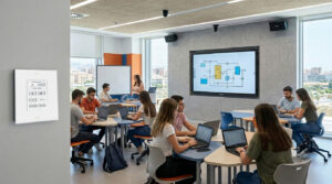 Aula moderna equipada con tecnología audiovisual profesional, pantalla interactiva y sistema de sonido integrado en centro educativo