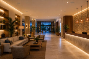 Lobby de hotel con sistema de sonorización profesional integrado en la arquitectura