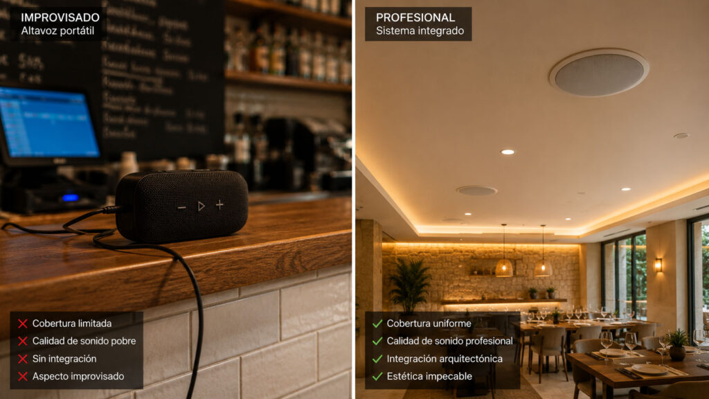 Comparativa entre altavoz Bluetooth portátil y sistema de sonorización profesional con altavoces de techo empotrados