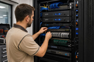 Técnico realizando actualización sistemas audiovisuales en rack corporativo