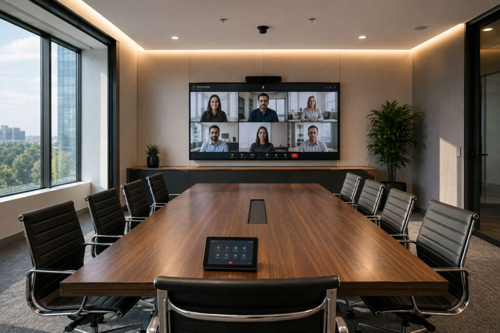 Sala de reuniones corporativa tras retrofit audiovisual con sistema de videoconferencia híbrida