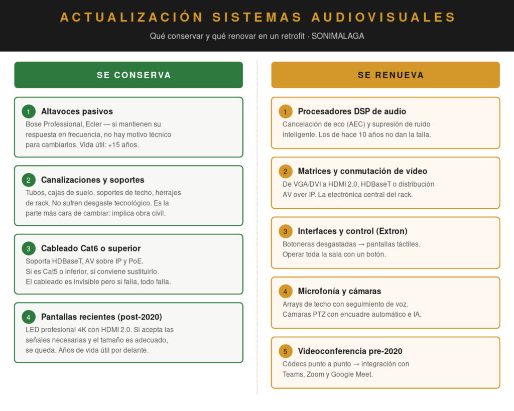 Infografía SONIMALAGA: qué componentes AV conservar y cuáles renovar en un retrofit — altavoces, cableado y pantallas se mantienen; DSP, matrices, control, microfonía y videoconferencia se actualizan