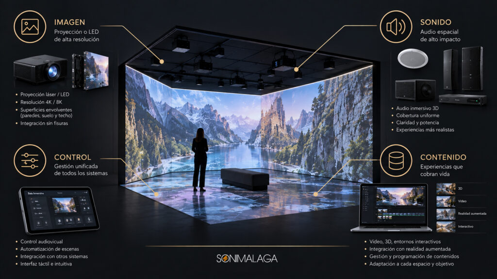 Esquema técnico de los cuatro componentes de una sala inmersiva profesional: sistema de imagen (proyección o LED), audio espacial, control centralizado y motor de contenidos