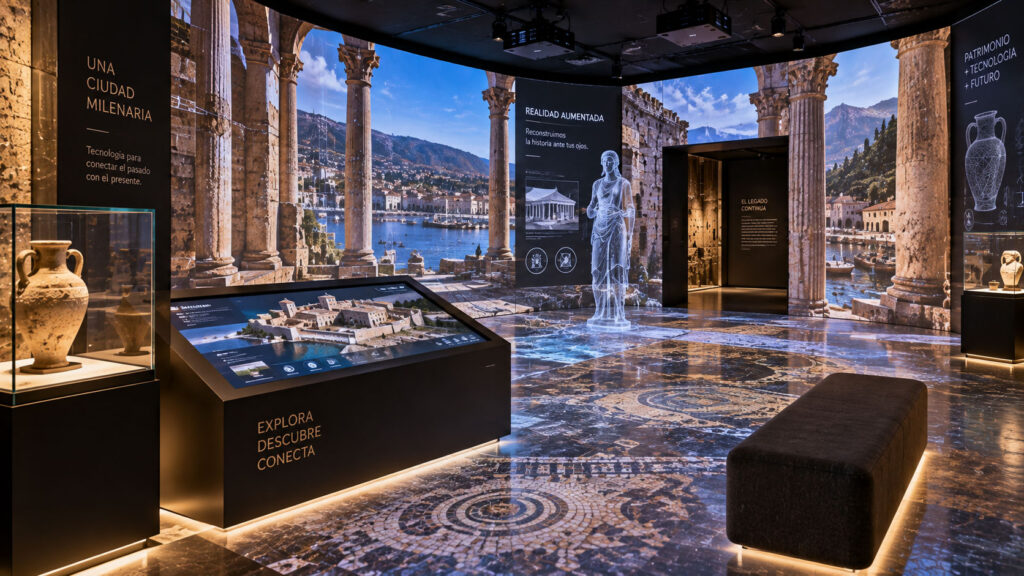 Espacio museográfico inmersivo con proyección envolvente de contenido histórico y patrimonial, iluminación escénica y vitrinas con piezas arqueológicas