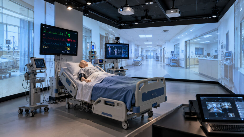 Laboratorio de simulación clínica con tecnología inmersiva: maniquí de paciente, pantallas de constantes vitales y proyección envolvente que reproduce un entorno hospitalario