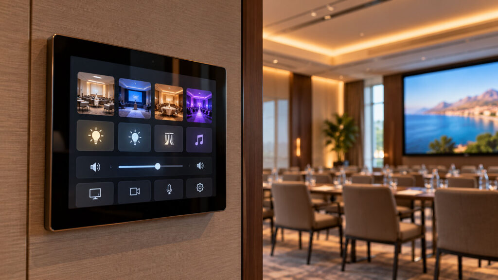 Panel de control táctil en pared de una sala de hotel con botones de escenas de iluminación y sonido
