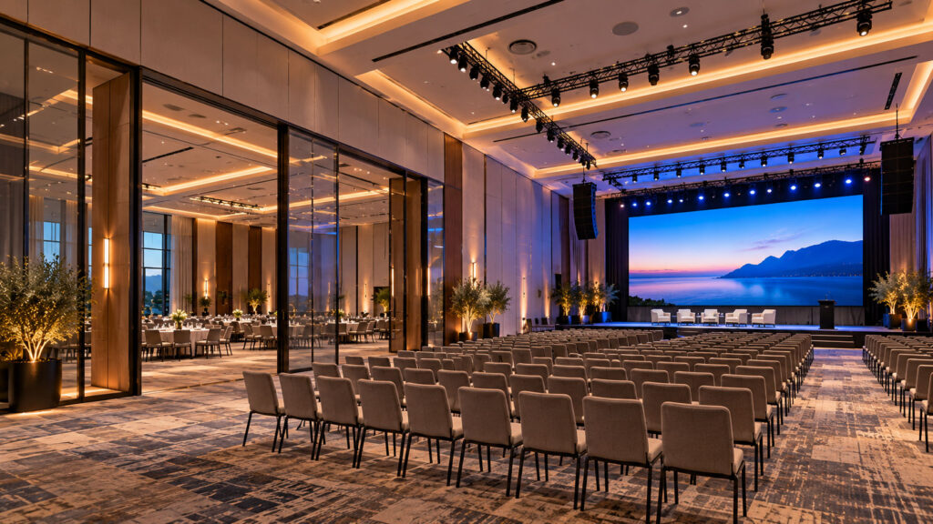 Gran salón de convenciones de hotel equipado como espacio polivalente, con pantalla LED, iluminación arquitectónica y disposición modular para eventos corporativos