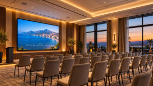 Salón de eventos de hotel preparado como espacio multifuncional, con pantalla profesional, iluminación ambiental y amplios ventanales