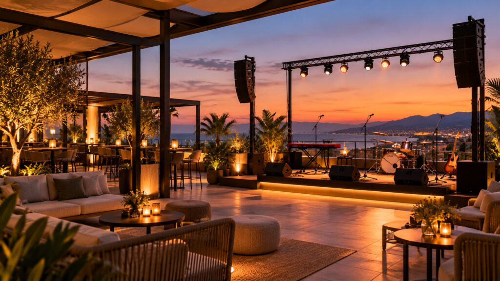 Terraza de hotel al atardecer preparada para un evento musical con iluminación escénica y sonido profesional